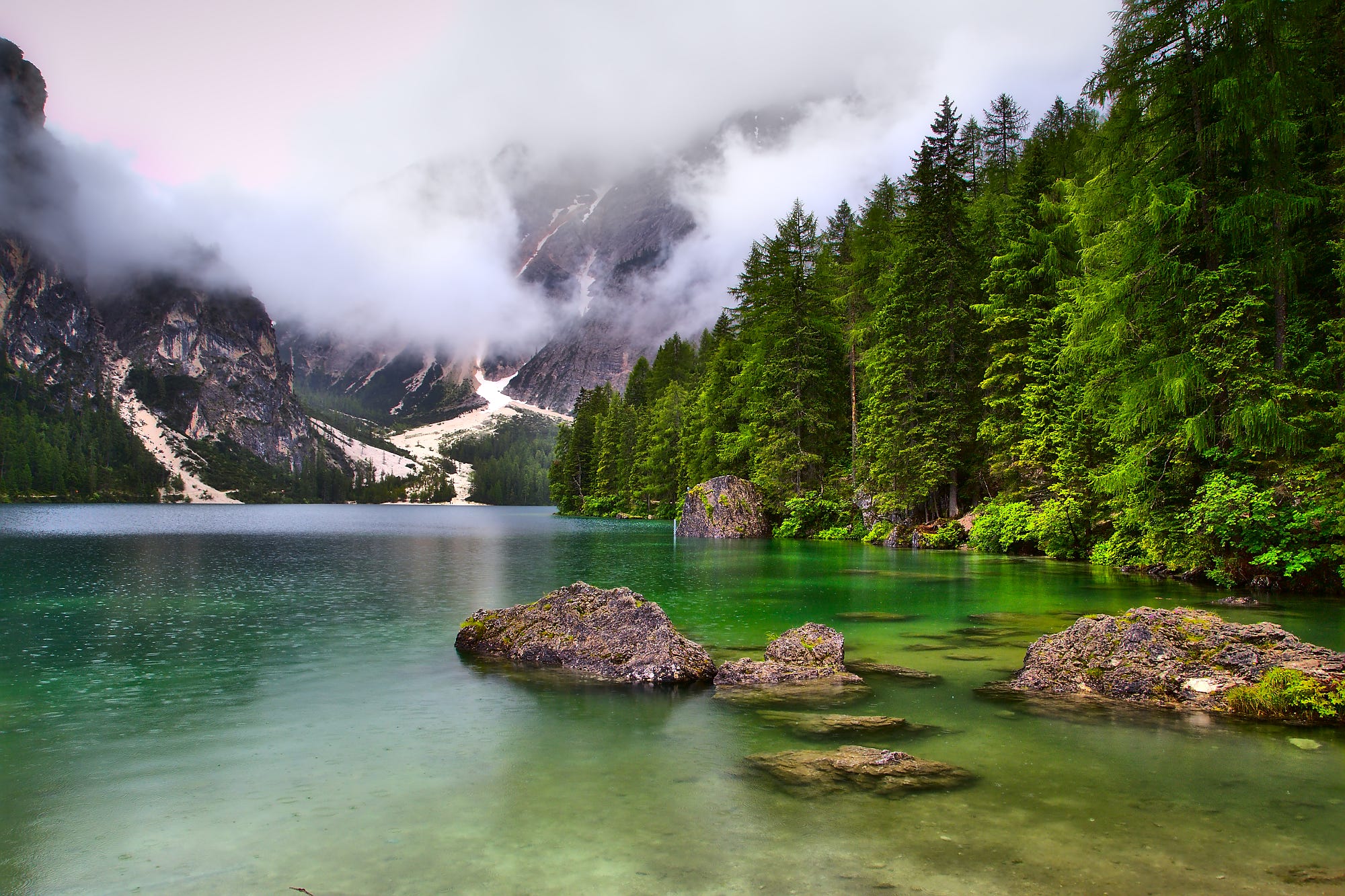 landscape, Nature, Mist, Trees, Rocks, Mountains Wallpaper