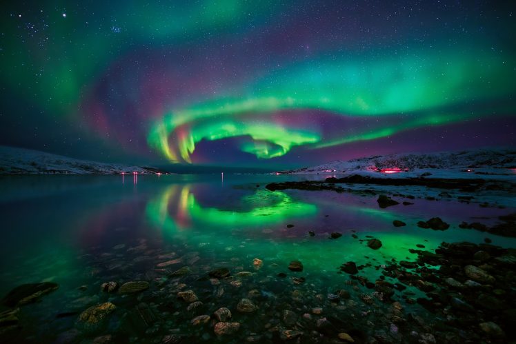 nature, Landscape, Water, Stones, Night, Aurorae, Norway, Sky, Stars HD Wallpaper Desktop Background