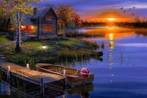night, House, Cabin, Boat, Birds, Sunset, Painting, Lake