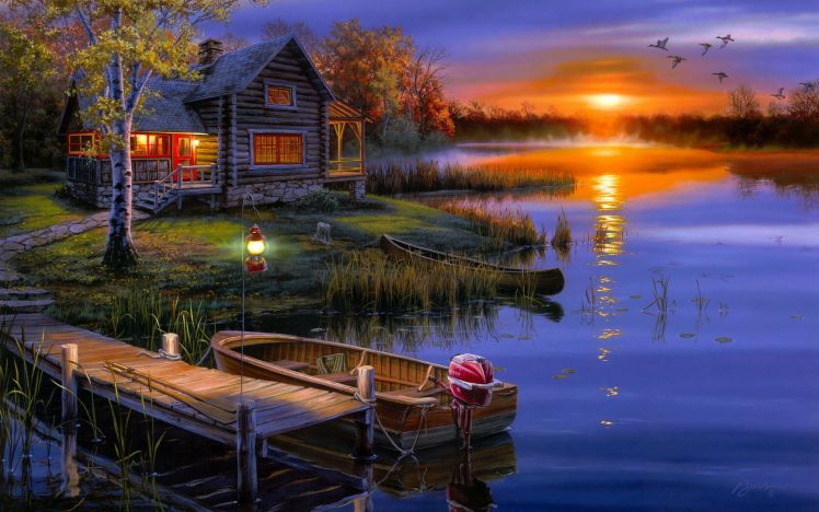night, House, Cabin, Boat, Birds, Sunset, Painting, Lake HD Wallpaper Desktop Background