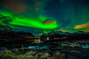 Lofoten Islands, Norway, Polar night, Aurorae, Landscape, Retouching