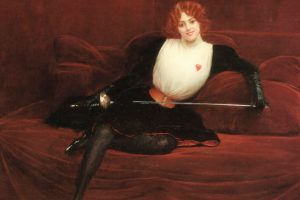 women, Redhead, Jean Beraud, Sword, Interior, Artwork, Painting