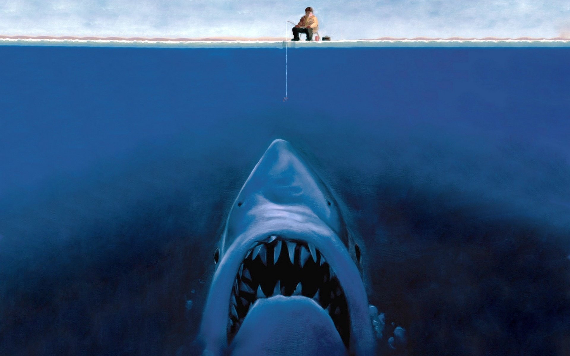 fisherman, Great White Shark, Digital art, Humor Wallpaper