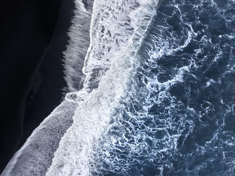 nature, Landscape, Shore, Waves, Drone, Aerial view, Water, Pacific Ocean, Black sand HD Wallpaper Desktop Background