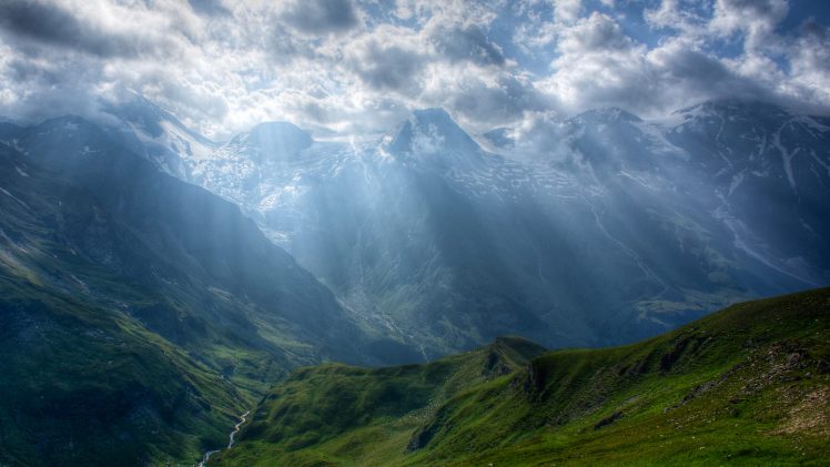 nature, Landscape, Mountains, Clouds, River, Snow, Sun rays HD Wallpaper Desktop Background