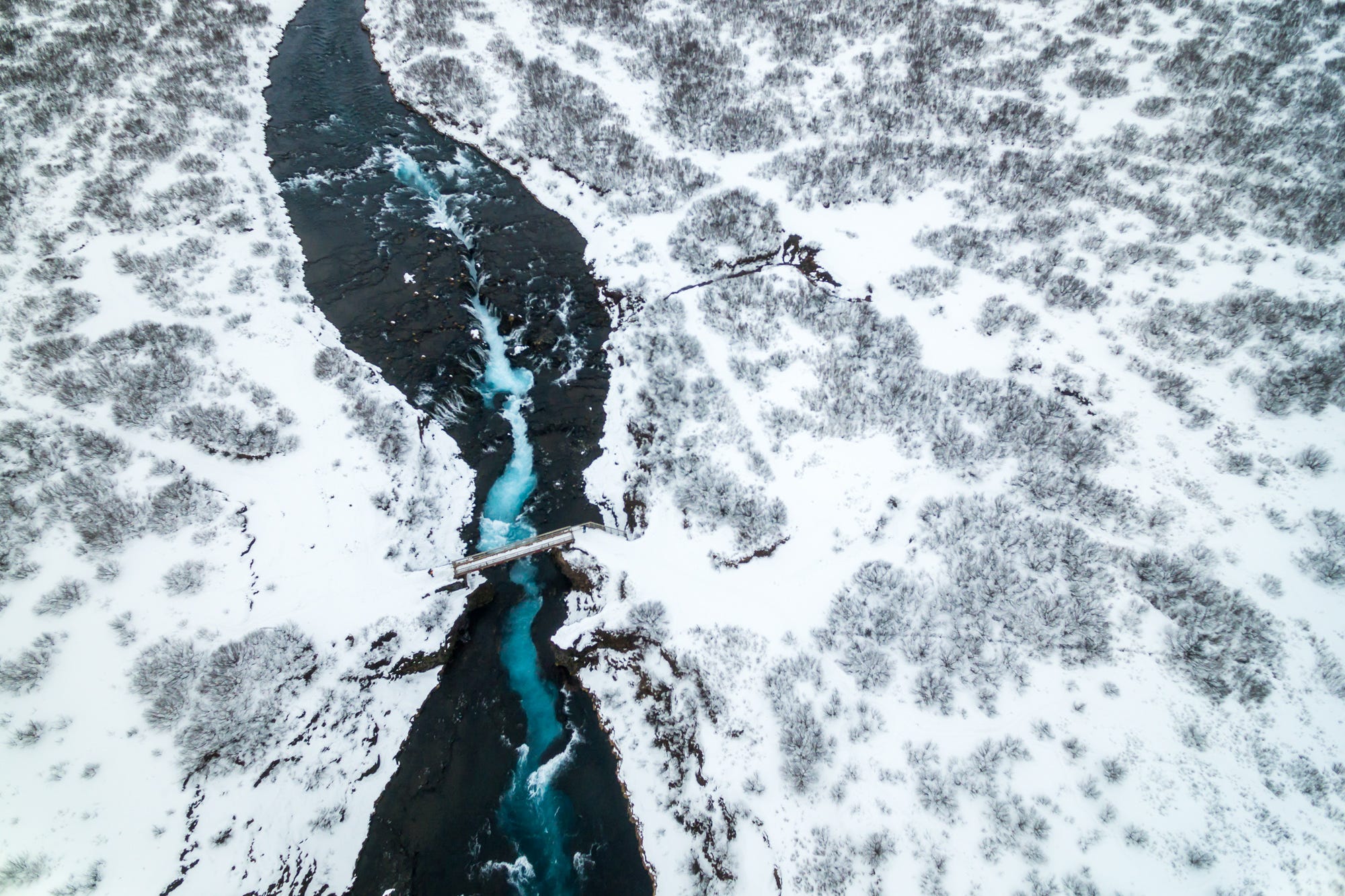nature, Landscape, Snow, River, Bridge, Trees, Winter, Drone, Aerial view Wallpaper