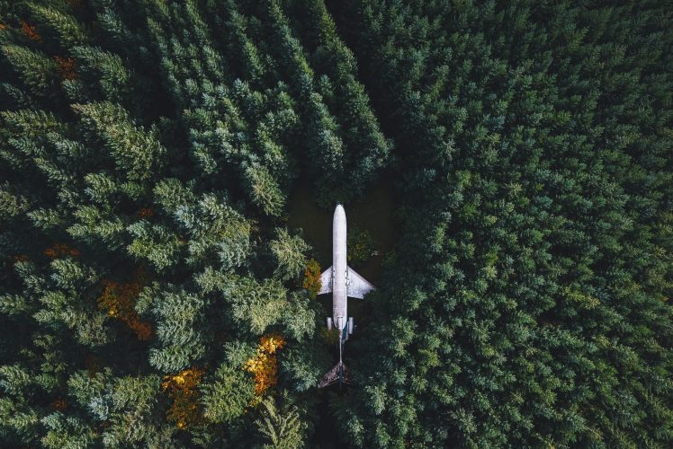 nature, Landscape, Airplane, Wreck, Forest, Trees, Drone, Aerial view HD Wallpaper Desktop Background