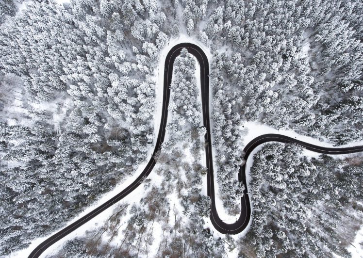 nature, Landscape, Winter, Snow, Road, Car, Forest, Aerial view HD Wallpaper Desktop Background