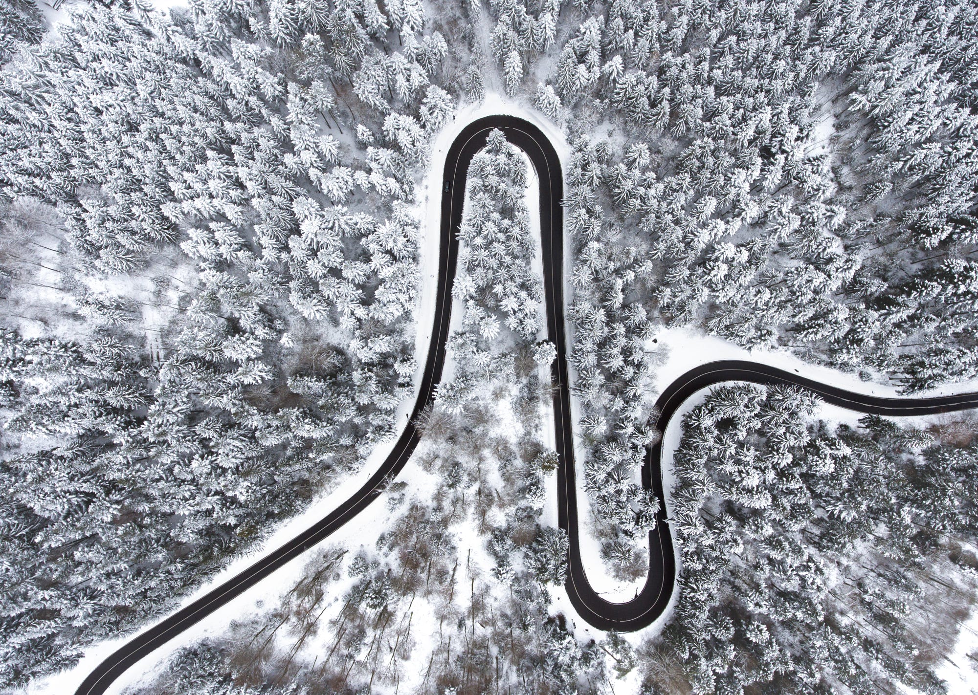 nature, Landscape, Winter, Snow, Road, Car, Forest, Aerial view Wallpaper