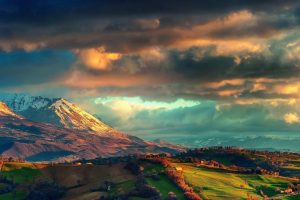 nature, Landscape, Mountains, Clouds, Italy, Alps, Hills, Trees, Fall, Sunset, Snowy peak, Field
