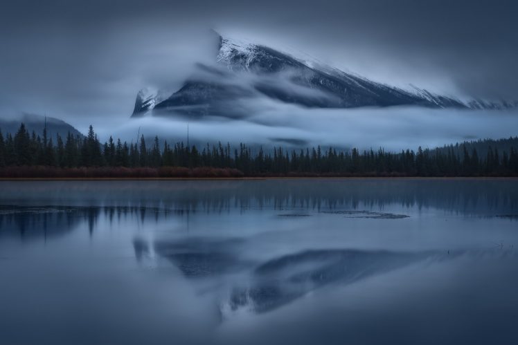 nature, Landscape, Mountains, Clouds, Alberta National Park, Alberta, Canada, Lake, Trees, Forest, Water, Mist, Reflection, Long exposure, Snowy peak, Mount Rundle, Morning HD Wallpaper Desktop Background