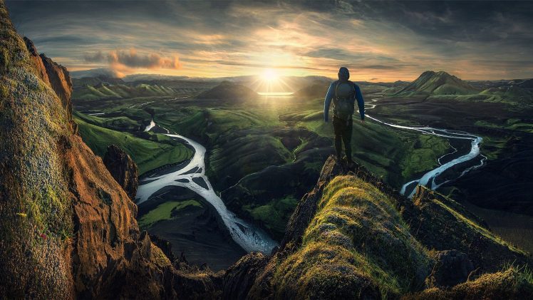 men, Nature, Landscape, Mountains, Clouds, Iceland, River, Sun rays, Hills, Rock HD Wallpaper Desktop Background