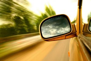 mirror, Car, Side view, Reflection, Clouds, Road, Lines, Motion blur