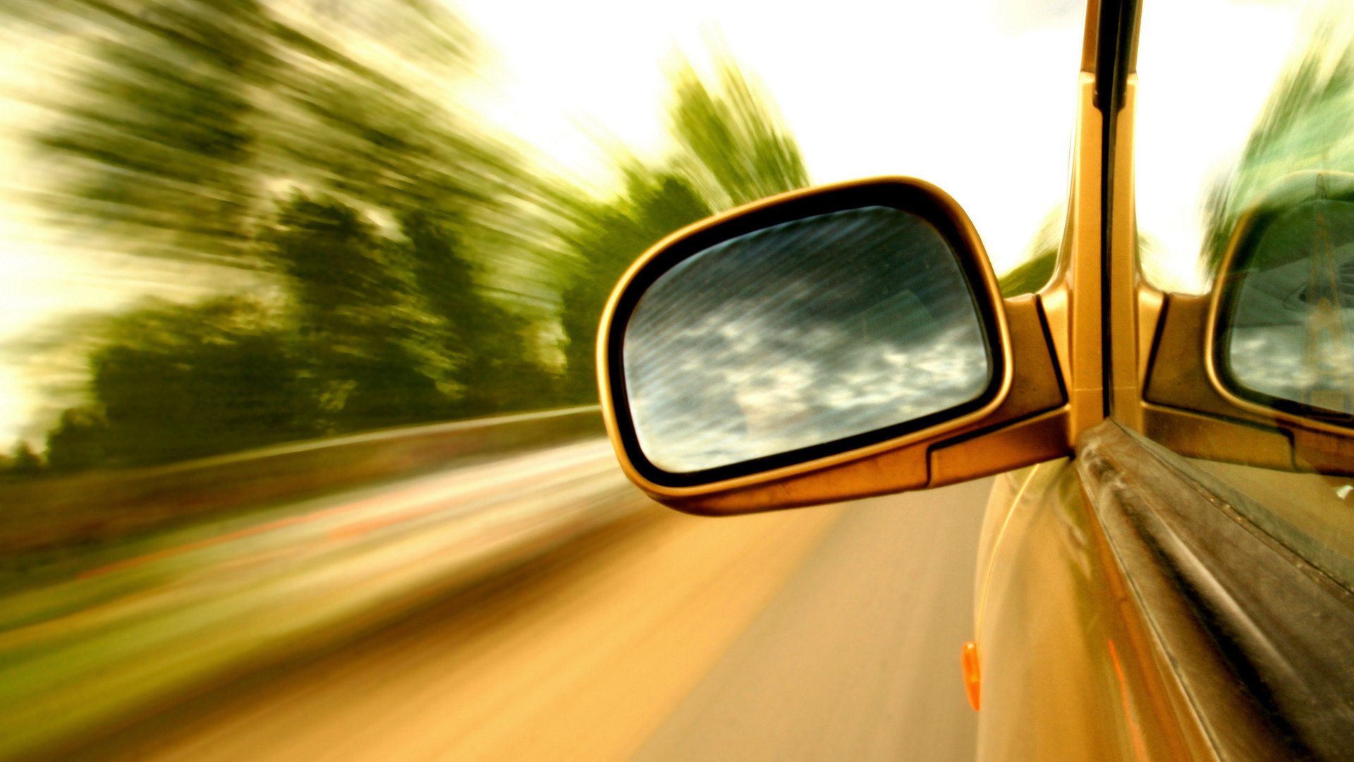 mirror, Car, Side view, Reflection, Clouds, Road, Lines, Motion blur Wallpaper