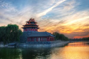 house, Water, Trees, Reflection, Sky, Sunset, Asian architecture, China, Forbidden City