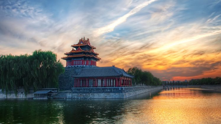 house, Water, Trees, Reflection, Sky, Sunset, Asian architecture, China, Forbidden City HD Wallpaper Desktop Background