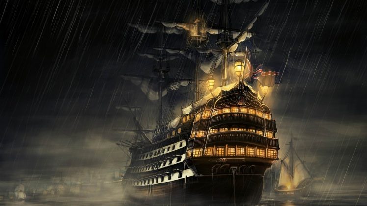 sailing ship, Sea, Night, Rain, Lights, Artwork HD Wallpaper Desktop Background