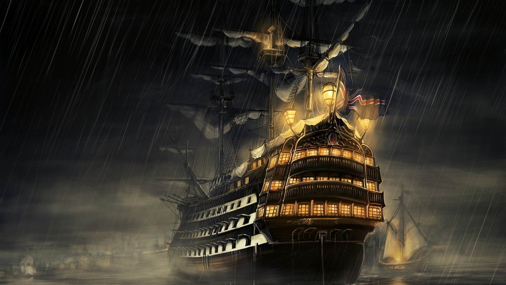 sailing ship, Sea, Night, Rain, Lights, Artwork Wallpaper