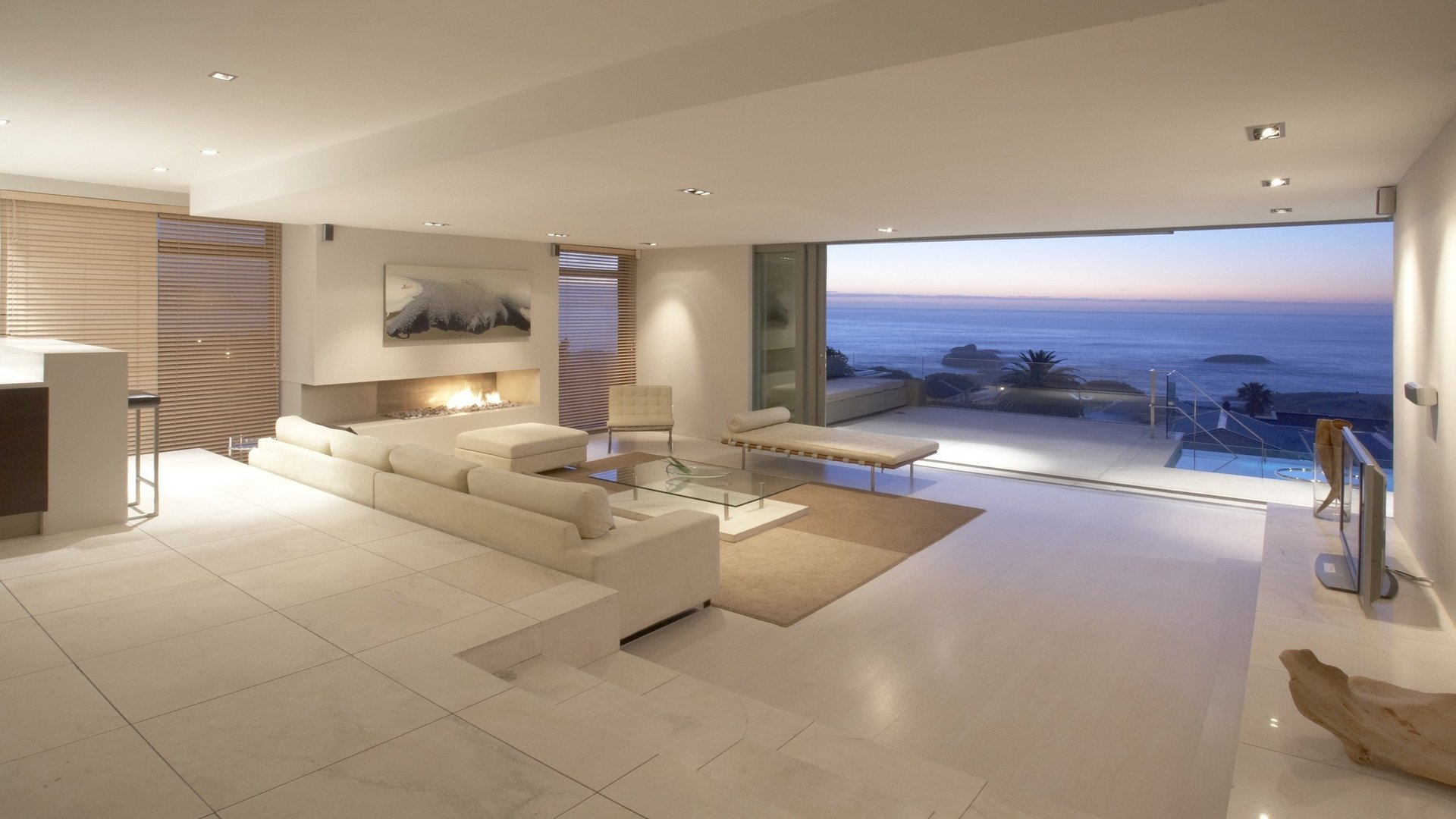 room, Interior, Terraces, Sea, Horizon Wallpaper
