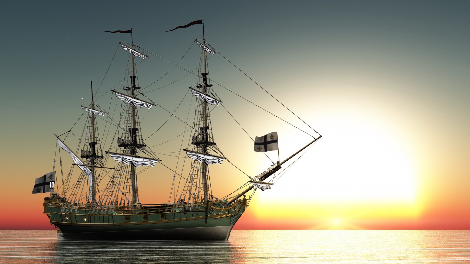sailing ship, Sea, Sunset, Digital art Wallpaper
