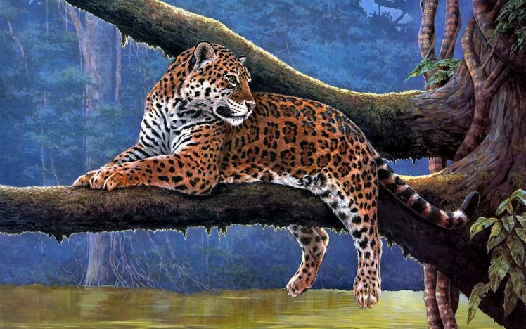 Raymond Reibel, Jaguars, Branch, Painting HD Wallpaper Desktop Background