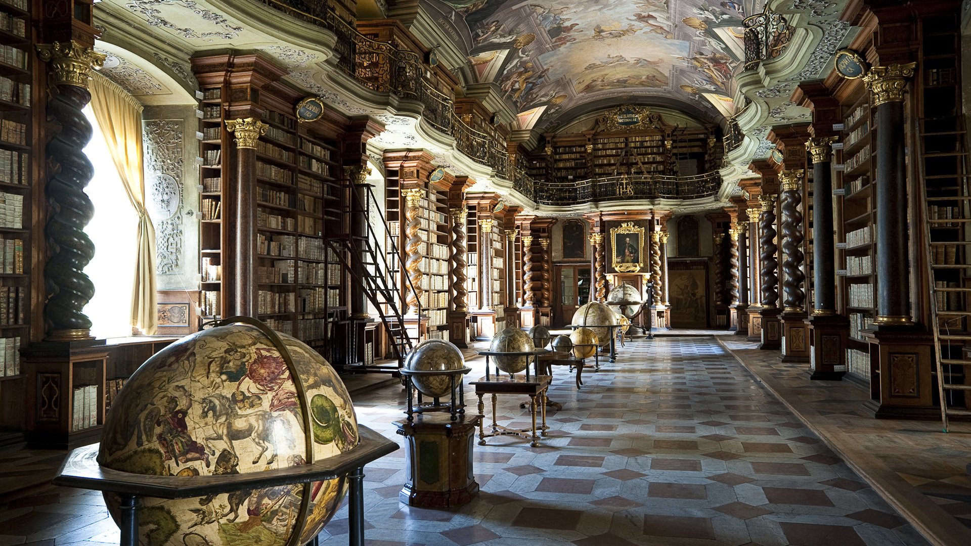 library, Interior, Globes, Books, Window, Prague Wallpaper
