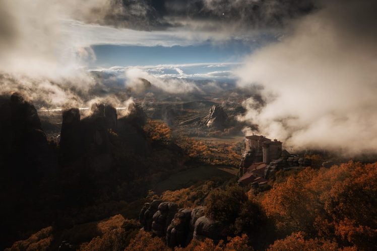 mountains, Greece, Church, Rocks, Fall, Clouds HD Wallpaper Desktop Background