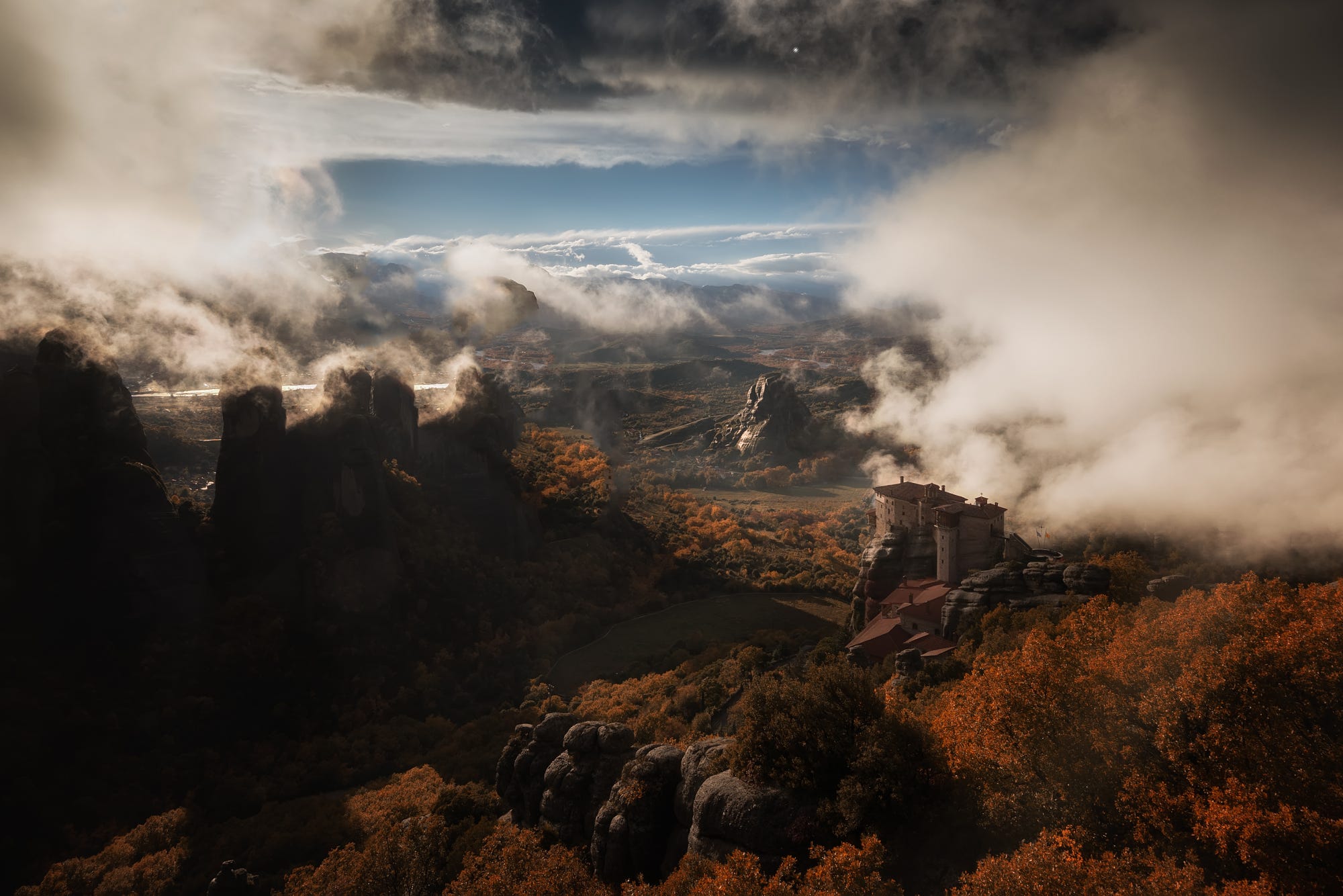 mountains, Greece, Church, Rocks, Fall, Clouds Wallpaper