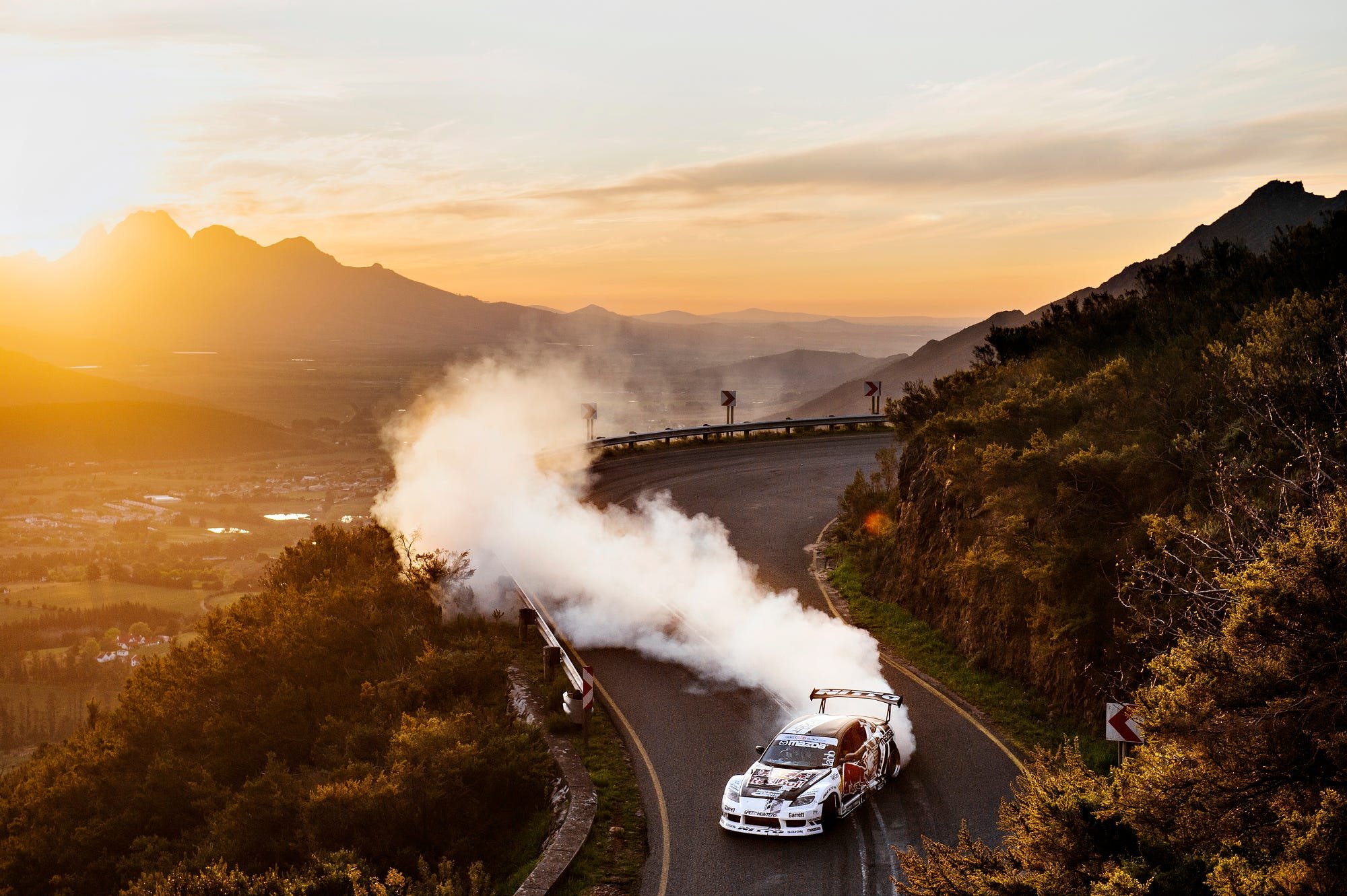 Mad Mike, Sunset, Mountains, Hills, Sports car, Drifting, Plants, Trees, Franschhoek Pass Wallpaper