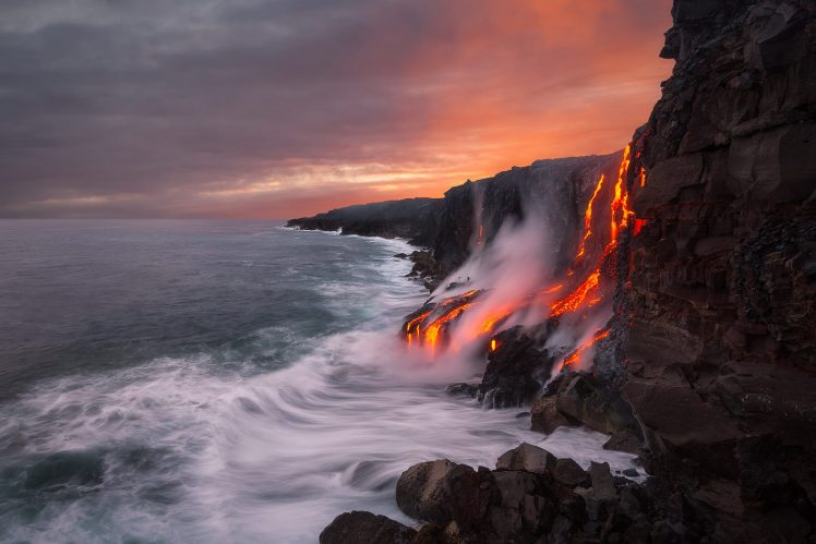 nature, Landscape, Hawaii, Lava, Sea, Clouds, Waves HD Wallpaper Desktop Background