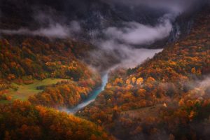 nature, Fall, River, Mist, Aerial view