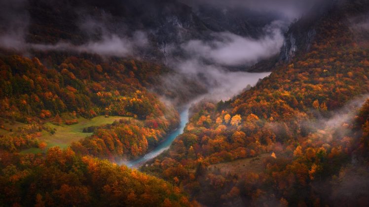 nature, Fall, River, Mist, Aerial view HD Wallpaper Desktop Background