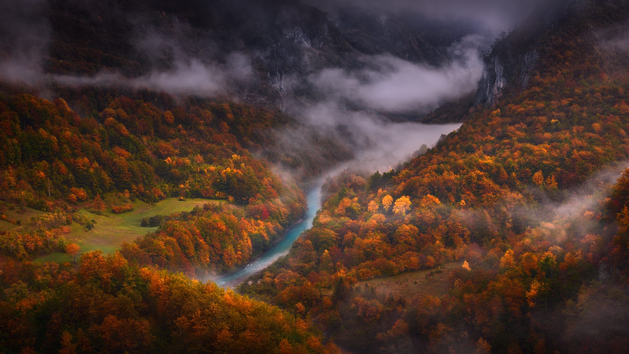 nature, Fall, River, Mist, Aerial view Wallpaper
