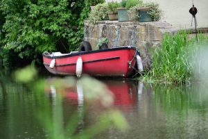 boat, Water, Canal, Leeds, Wall, Leaves, Grass, Plant pot, Reflection