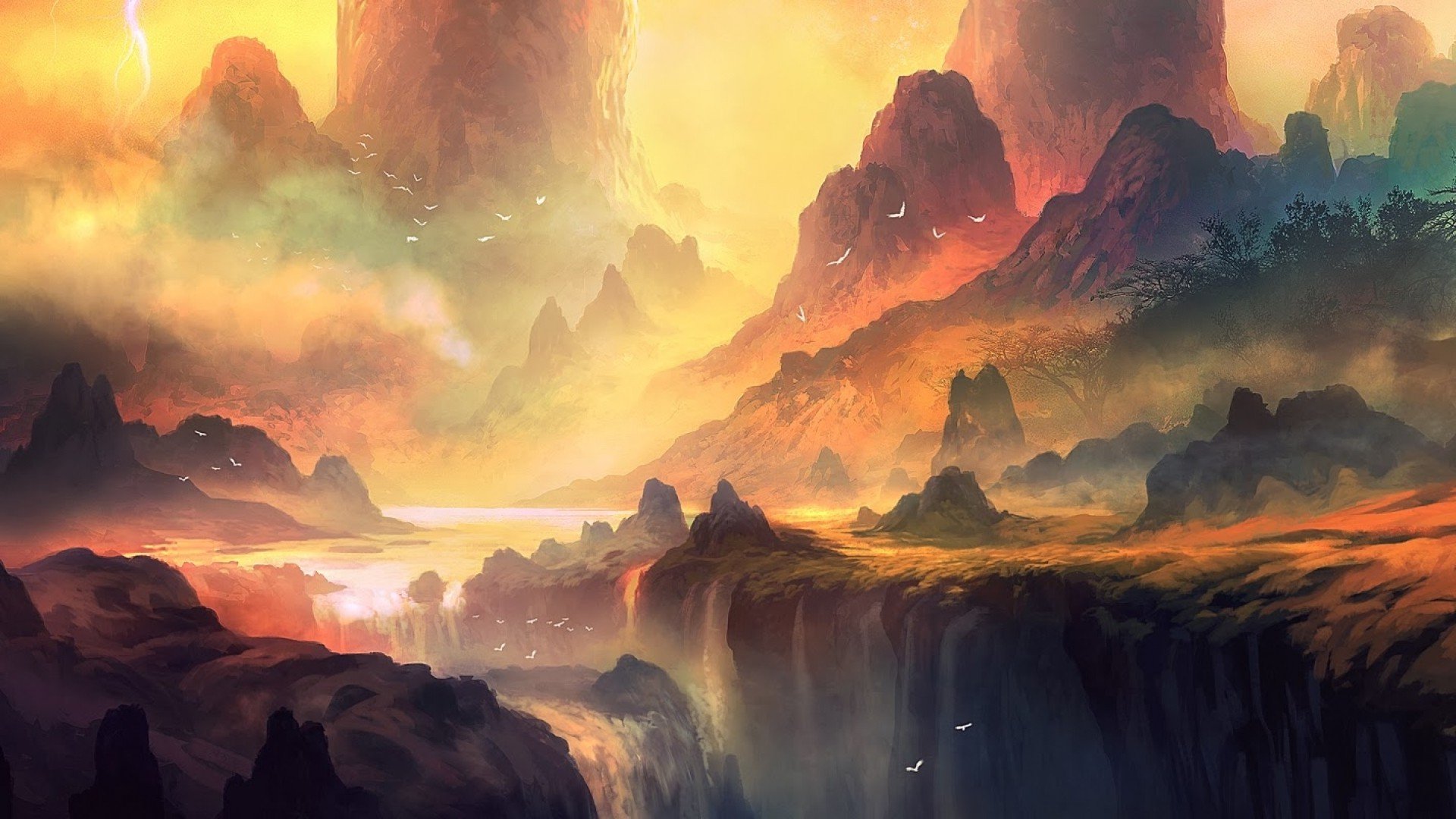 fantasy art, Mountains, River, Water, Birds, Trees, Storm, Nature, Landscape Wallpaper