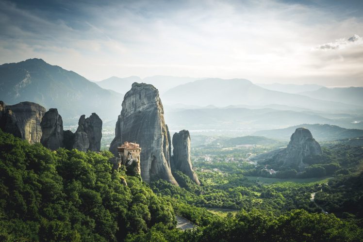 nature, Landscape, Greece, Mountains, Rocks, House, Mist, Meteora HD Wallpaper Desktop Background