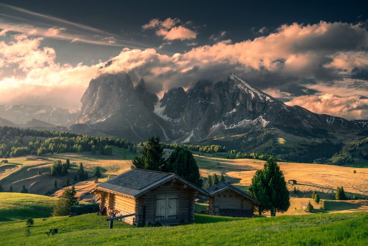 nature, Landscape, Italy, House, Mountains, Clouds, Field, Sunlight, Trees, Grass, Plants, Sky HD Wallpaper Desktop Background