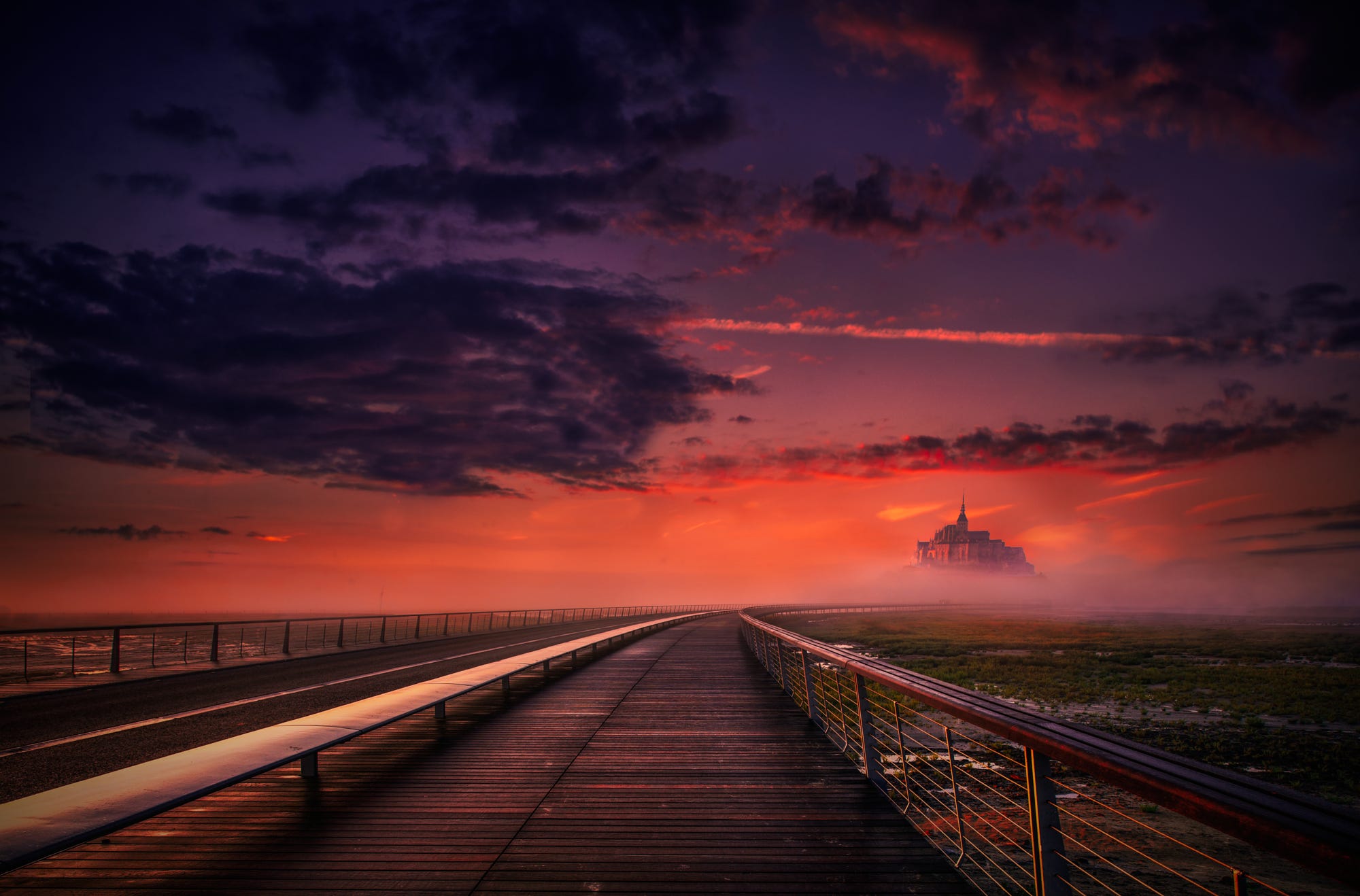 castle, Path, Bridge, Clouds, Mist, River Wallpaper