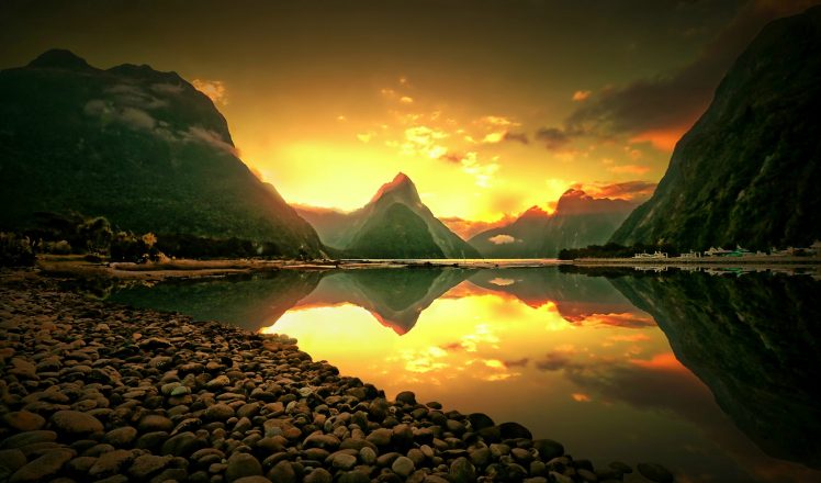 New Zealand, Mountains, Rocks, Reflection, River, Sunset HD Wallpaper Desktop Background