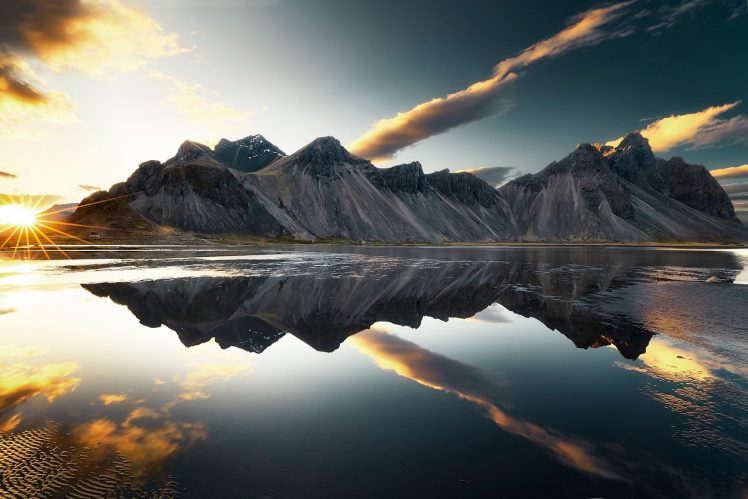 mountains, Clouds, Lake, Reflection, Sun, Sky HD Wallpaper Desktop Background