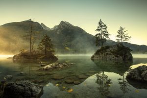 Germany, Trees, Rocks, Lake, Reflection, Mist, Mountains, Sky