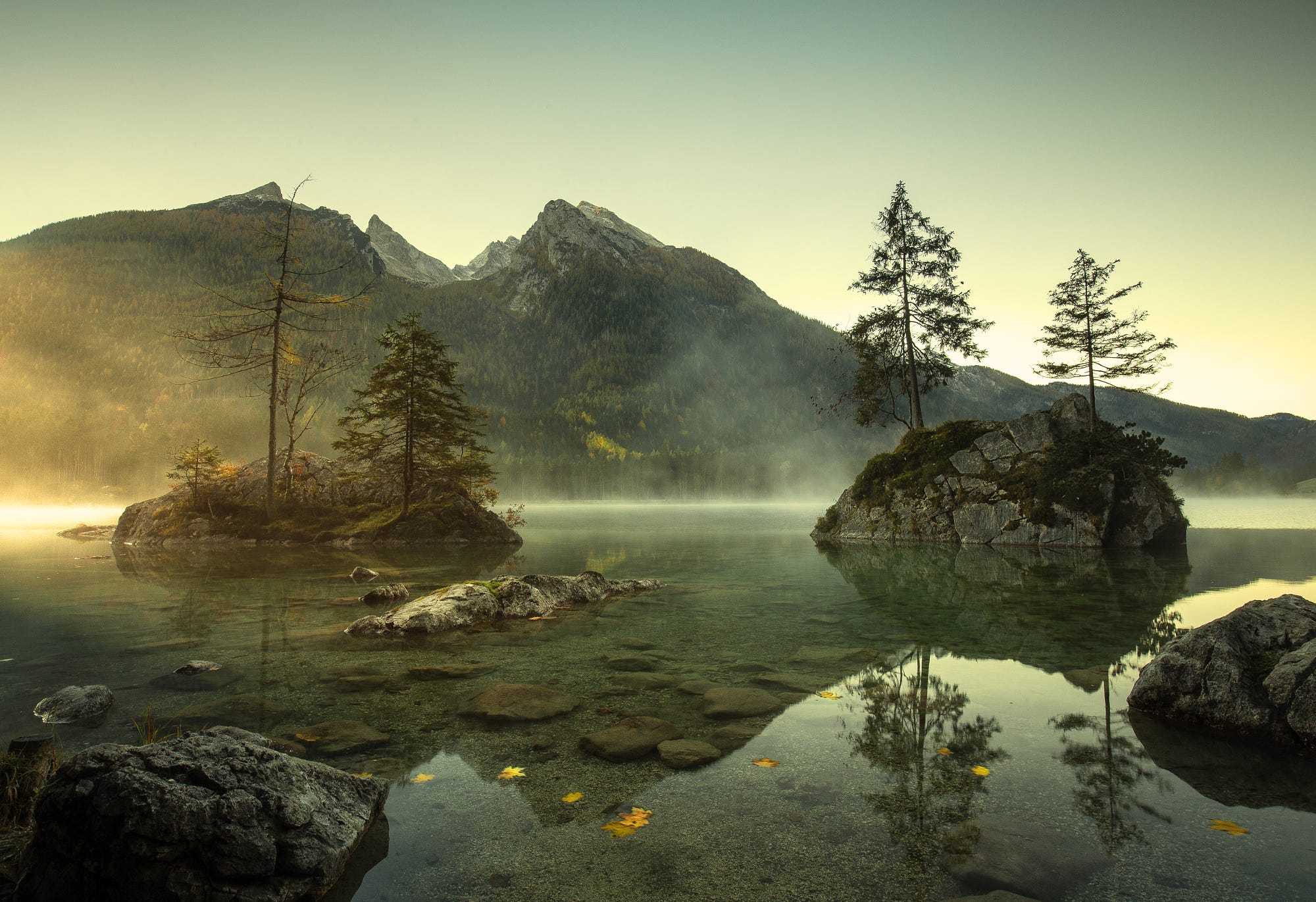Germany, Trees, Rocks, Lake, Reflection, Mist, Mountains, Sky Wallpaper