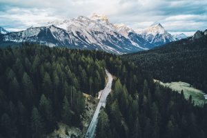mountains, Clouds, Mist, Road, Forest, Snow