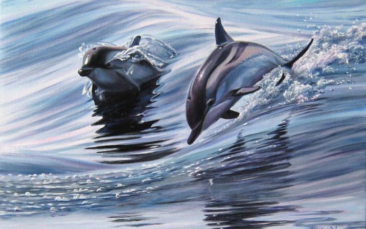 dolphin, Sea, Painting, Animals HD Wallpaper Desktop Background