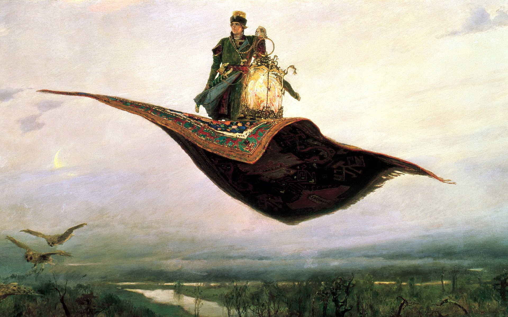 Vasnetsov, Carpets, Prince, Floating, Birds, Landscape, Fairy tale, Painting Wallpaper