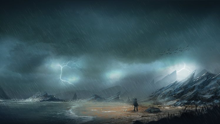 men, Night, Rain, Rocks, Sea, Shore, Lightning, Mist, Digital art, Looking into the distance HD Wallpaper Desktop Background