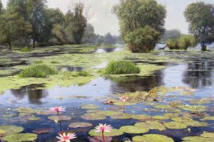 Zbigniew Kopania, Pond, Flowers, Reflection, Trees, Landscape, Summer, Painting