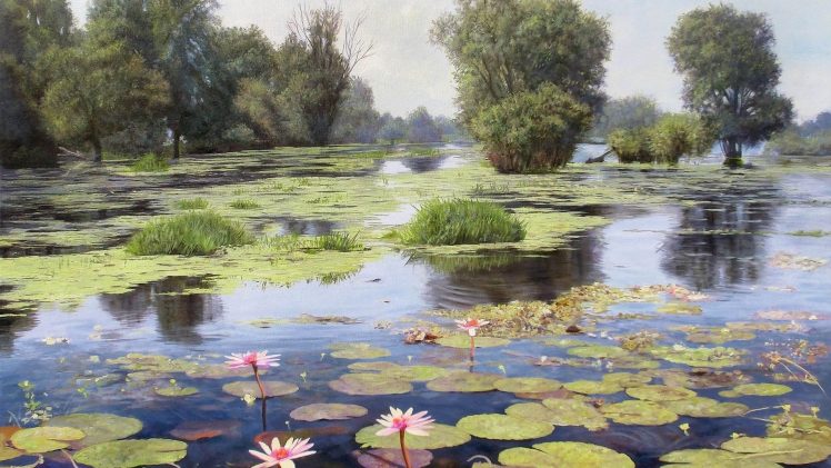Zbigniew Kopania, Pond, Flowers, Reflection, Trees, Landscape, Summer, Painting HD Wallpaper Desktop Background