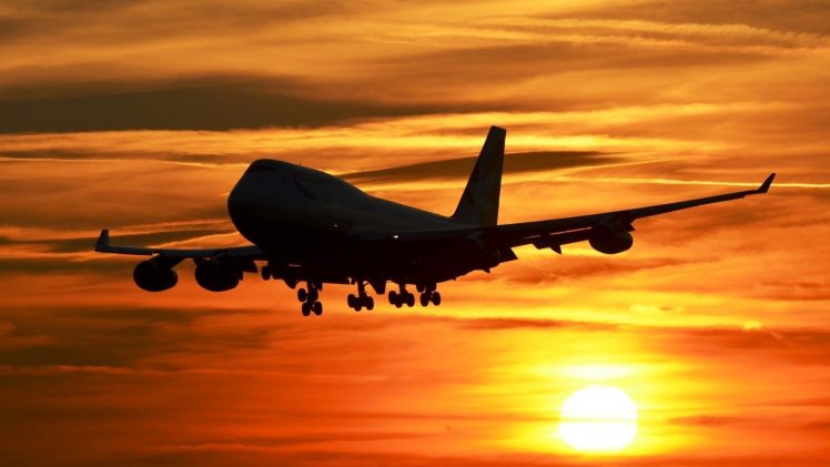 airplane, Landing, Silhouette, Sunset, Sky, Boeing 747 HD Wallpaper Desktop Background