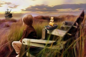 children, Bench, Plants, Toy, Sailing ship, Sea, Sky, Painting, Imagination